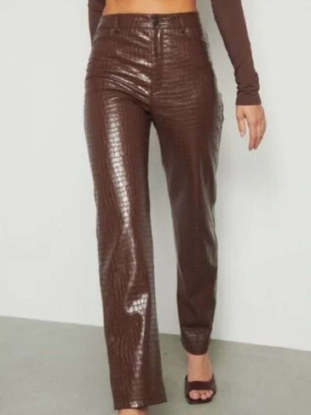 Dynamite Gisele straight leg brown crocodile faux leather pants